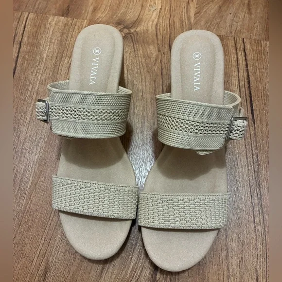 NWOT Vivaia Tan Slip-On Sandals with Wedge Heel Adjustable Strap (Sammy) - Picture 2 of 9